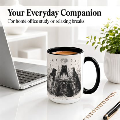 #pl[15oz|Black] Mystic Cat Moon Ceramic Coffee Cup, Mug with Crystal Artwork