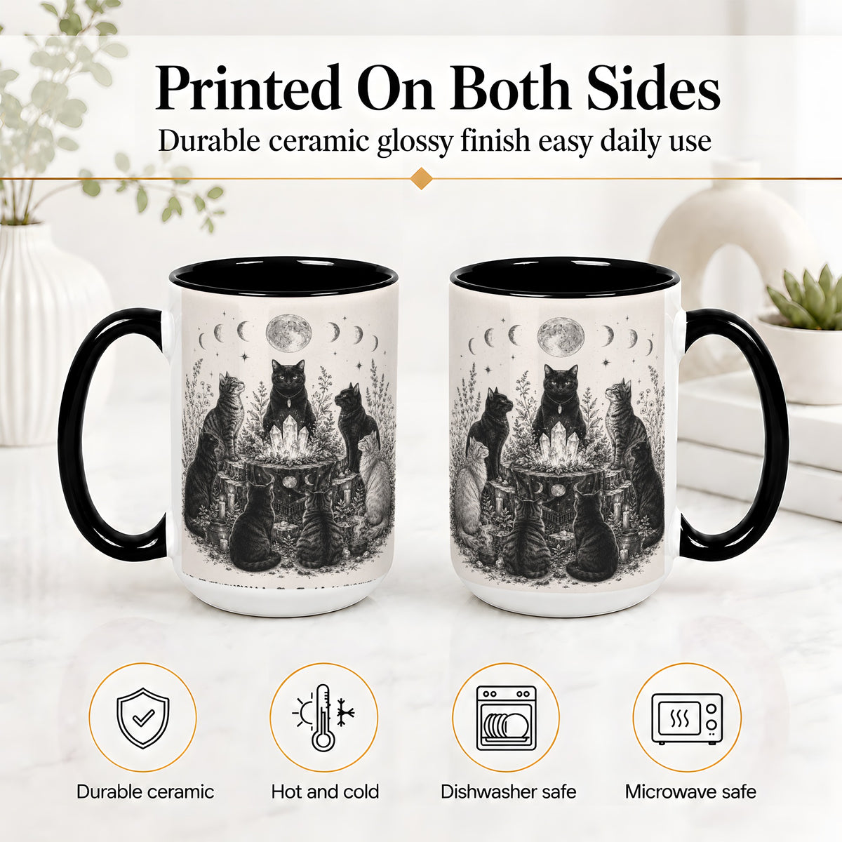 #pl[15oz|Black] Mystic Cat Moon Ceramic Coffee Cup, Mug with Crystal Artwork
