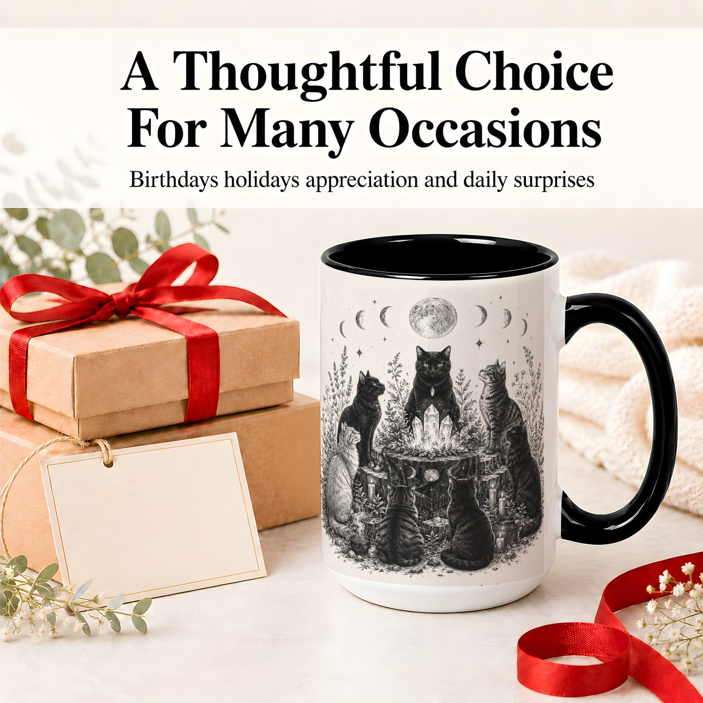 #pl[15oz|Black] Mystic Cat Moon Ceramic Coffee Cup, Mug with Crystal Artwork