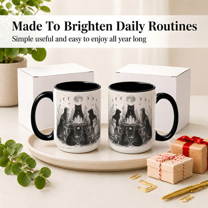 #pl[15oz|Black] Mystic Cat Moon Ceramic Coffee Cup, Mug with Crystal Artwork