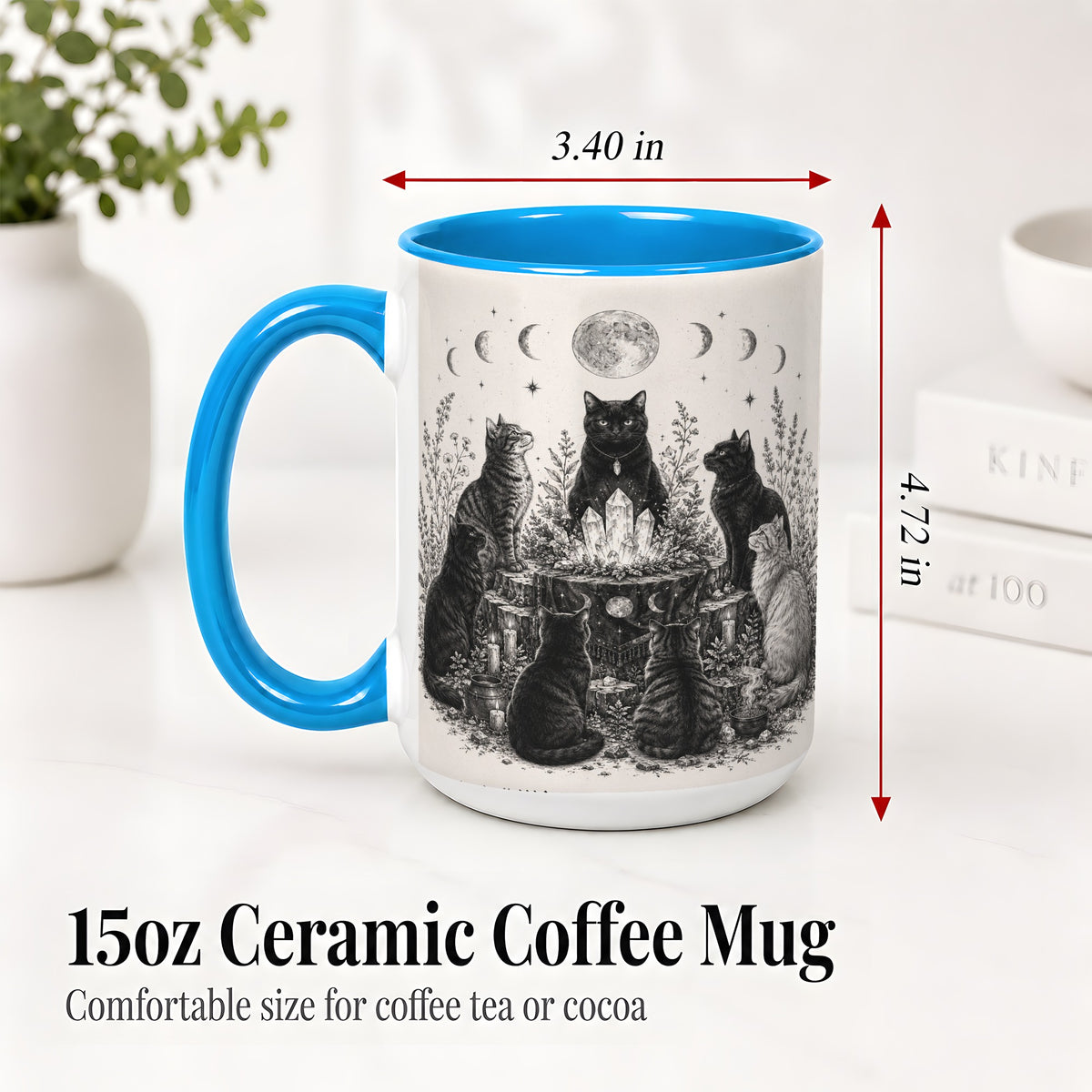 #pl[15oz|Blue] Mystic Cat Moon Ceramic Coffee Cup, Mug with Crystal Artwork