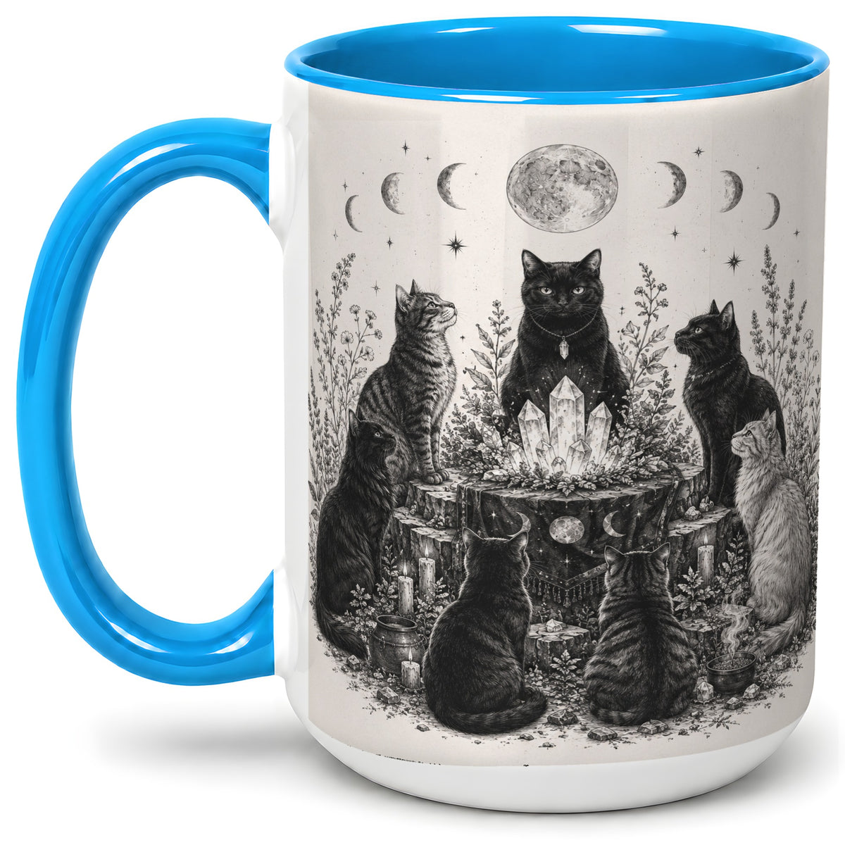 #pl[15oz|Blue] Mystic Cat Moon Ceramic Coffee Cup, Mug with Crystal Artwork