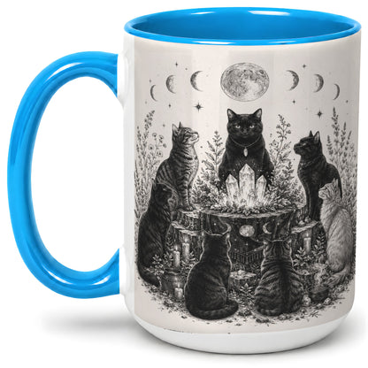 #pl[15oz|Blue] Mystic Cat Moon Ceramic Coffee Cup, Mug with Crystal Artwork