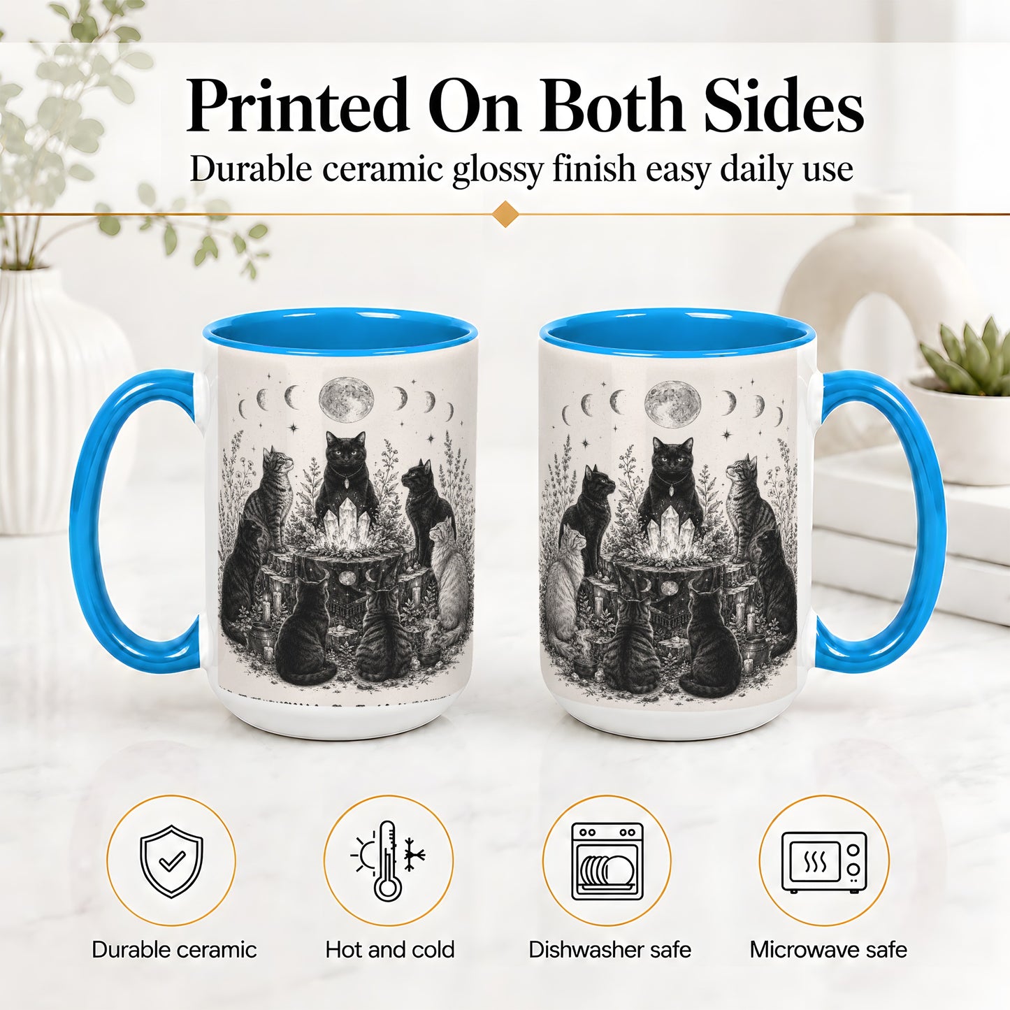 #pl[15oz|Blue] Mystic Cat Moon Ceramic Coffee Cup, Mug with Crystal Artwork