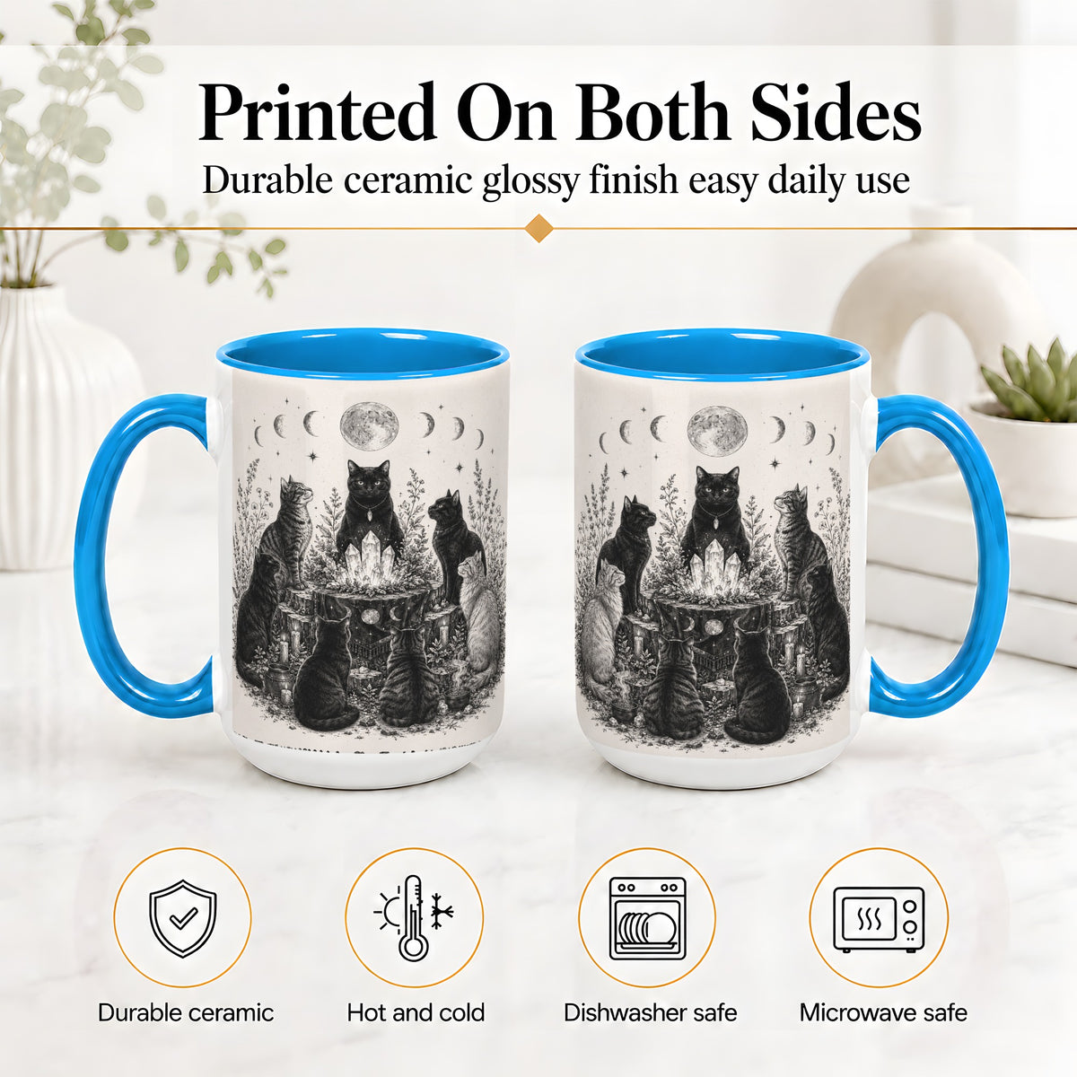 #pl[15oz|Blue] Mystic Cat Moon Ceramic Coffee Cup, Mug with Crystal Artwork