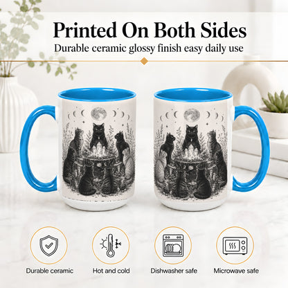#pl[15oz|Blue] Mystic Cat Moon Ceramic Coffee Cup, Mug with Crystal Artwork