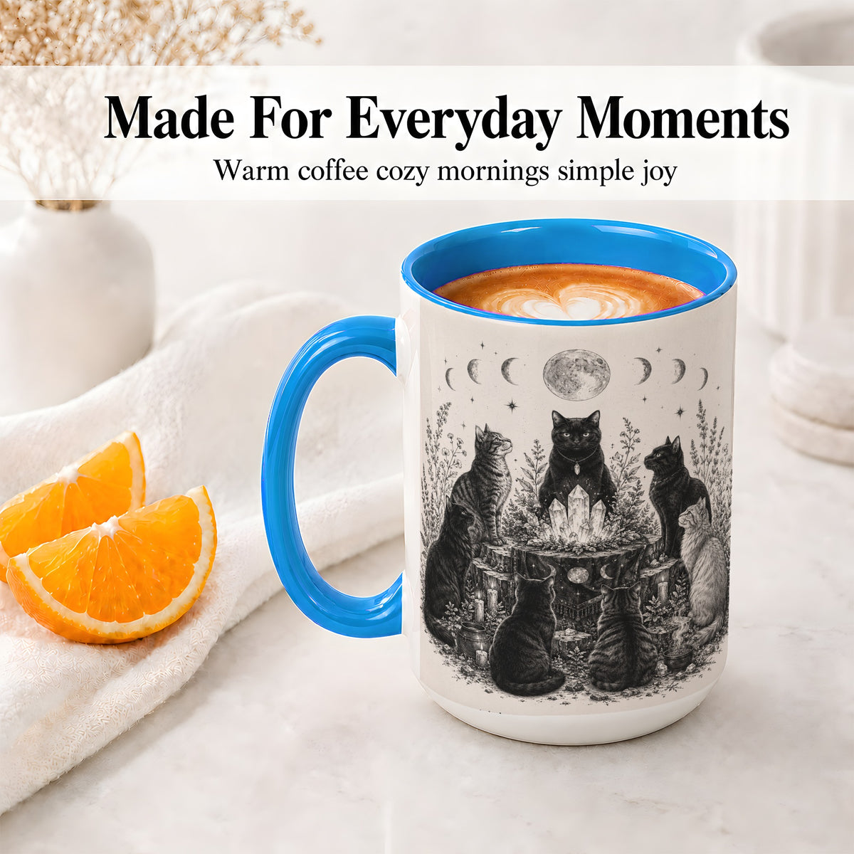 #pl[15oz|Blue] Mystic Cat Moon Ceramic Coffee Cup, Mug with Crystal Artwork
