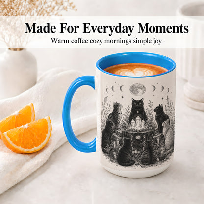 #pl[15oz|Blue] Mystic Cat Moon Ceramic Coffee Cup, Mug with Crystal Artwork