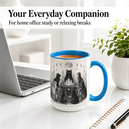 #pl[15oz|Blue] Mystic Cat Moon Ceramic Coffee Cup, Mug with Crystal Artwork