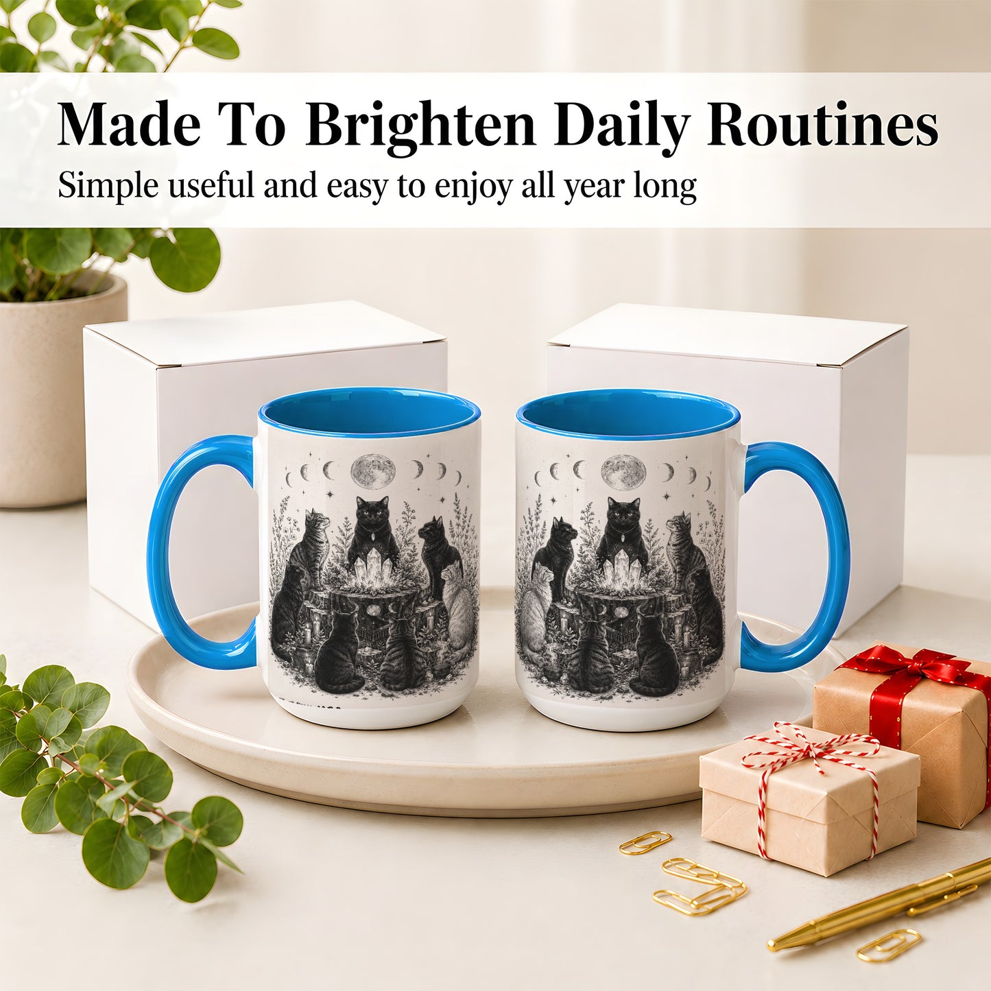 #pl[15oz|Blue] Mystic Cat Moon Ceramic Coffee Cup, Mug with Crystal Artwork