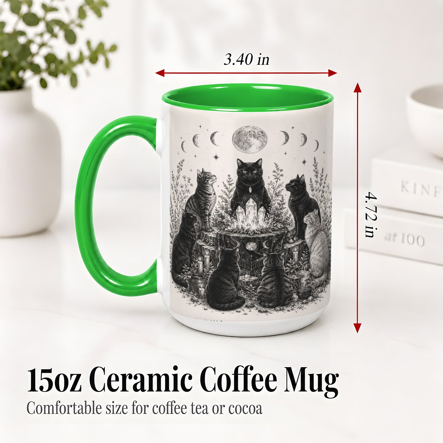 #pl[15oz|Green] Mystic Cat Moon Ceramic Coffee Cup, Mug with Crystal Artwork