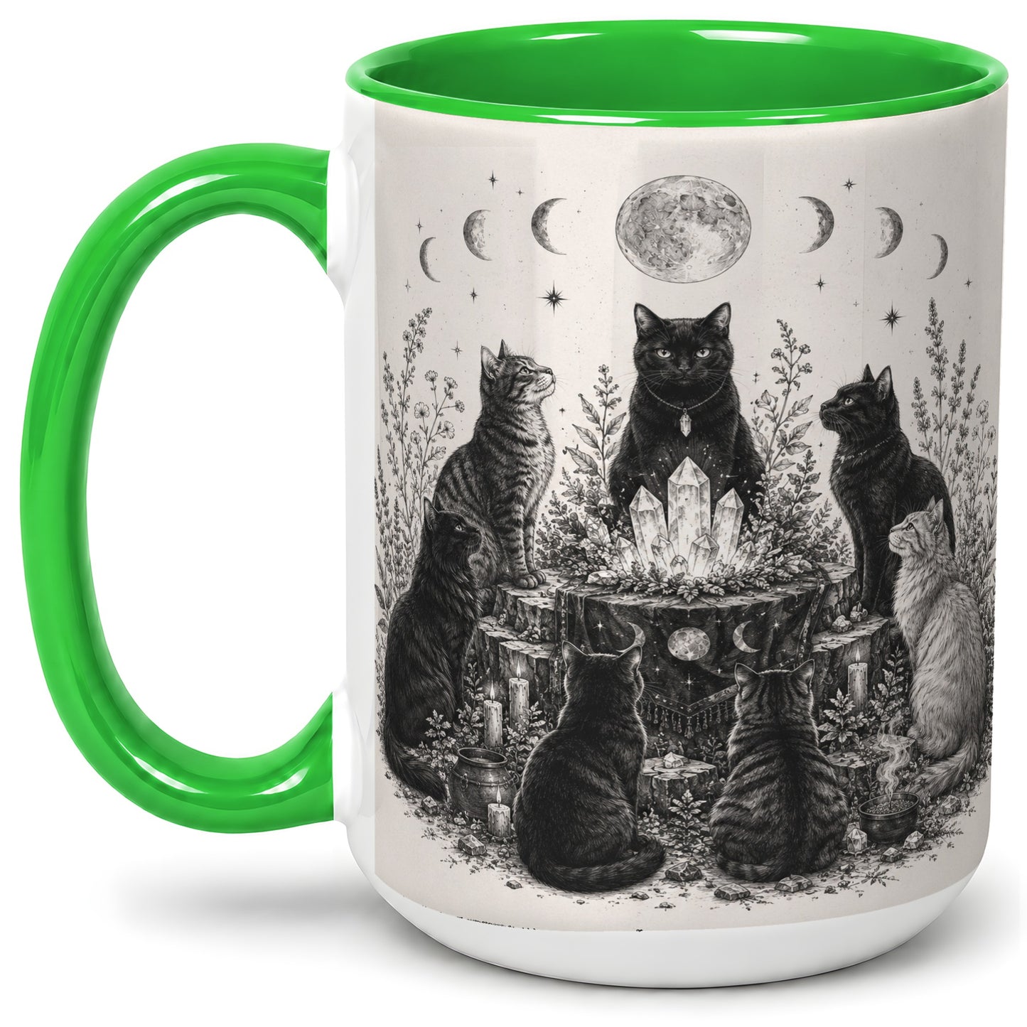 #pl[15oz|Green] Mystic Cat Moon Ceramic Coffee Cup, Mug with Crystal Artwork