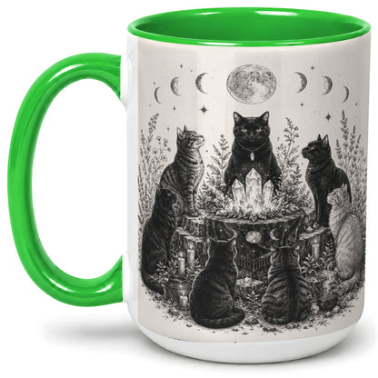 #pl[15oz|Green] Mystic Cat Moon Ceramic Coffee Cup, Mug with Crystal Artwork