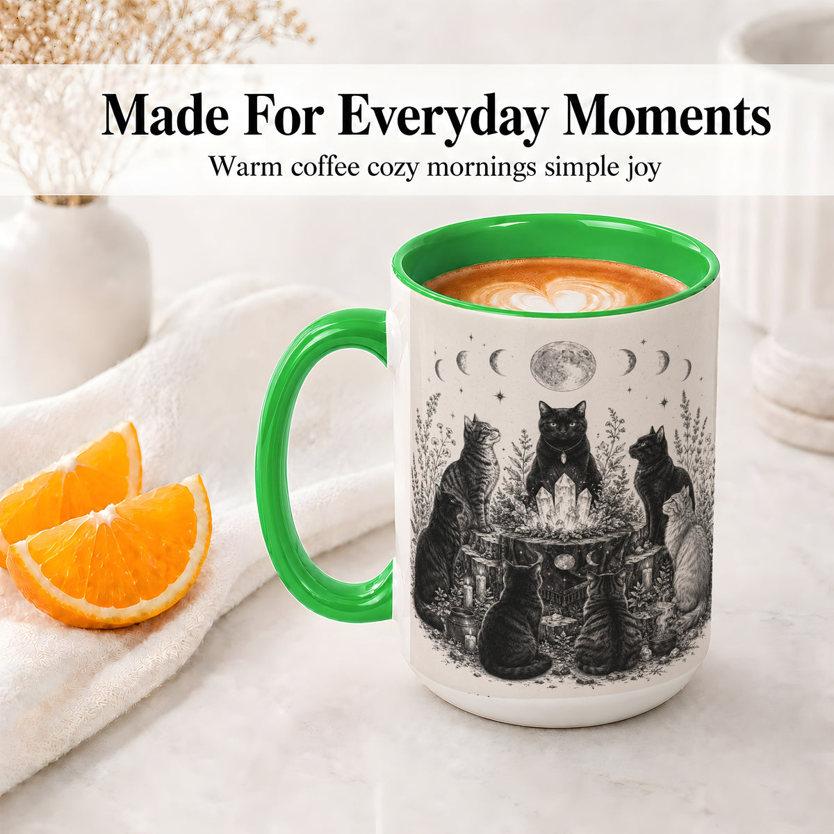 #pl[15oz|Green] Mystic Cat Moon Ceramic Coffee Cup, Mug with Crystal Artwork