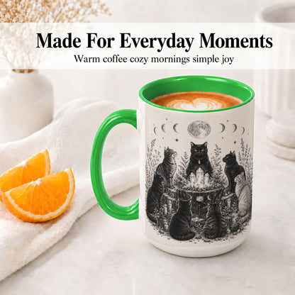 #pl[15oz|Green] Mystic Cat Moon Ceramic Coffee Cup, Mug with Crystal Artwork