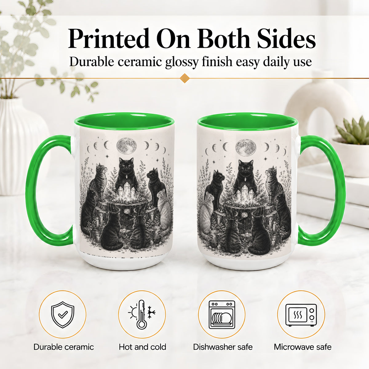 #pl[15oz|Green] Mystic Cat Moon Ceramic Coffee Cup, Mug with Crystal Artwork