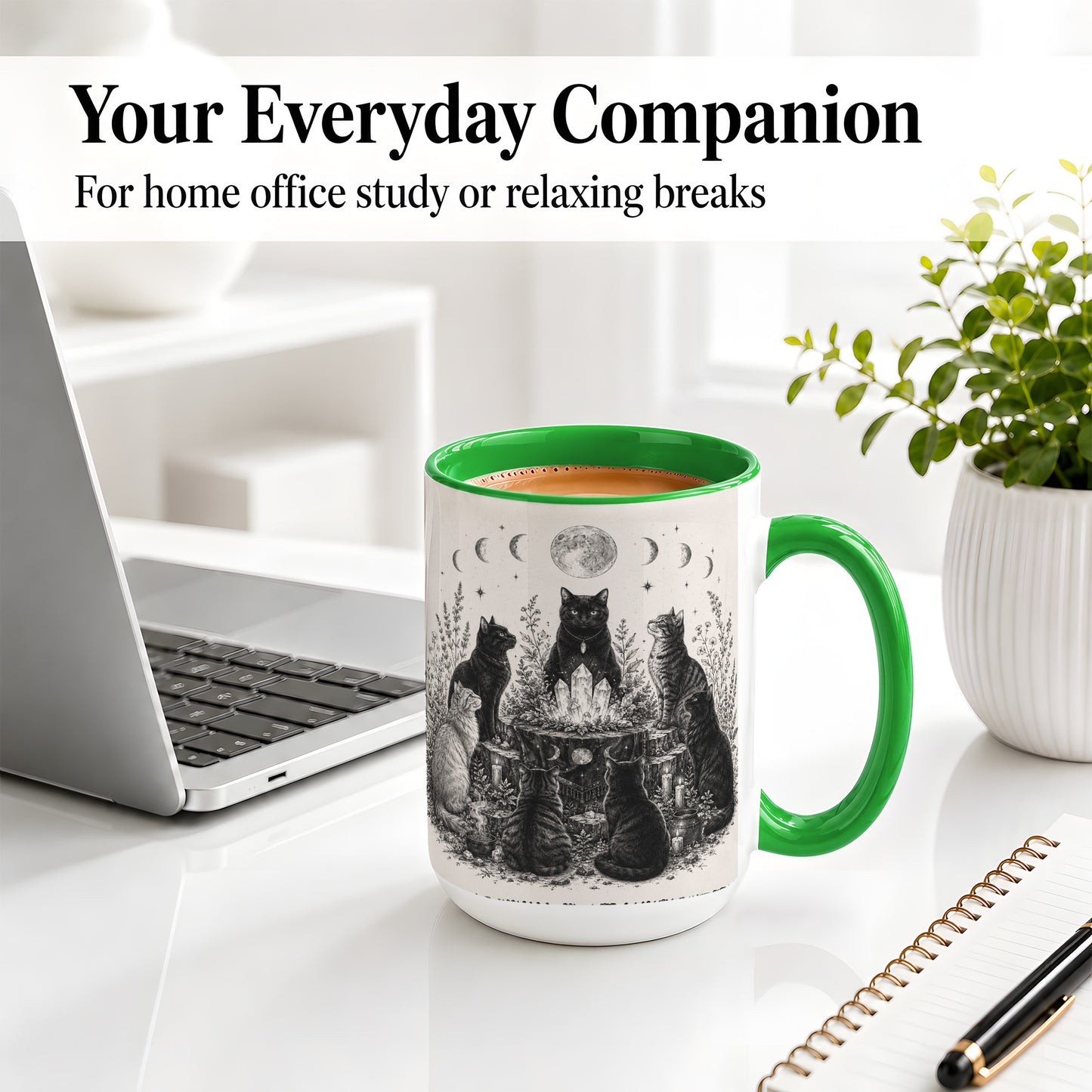 #pl[15oz|Green] Mystic Cat Moon Ceramic Coffee Cup, Mug with Crystal Artwork