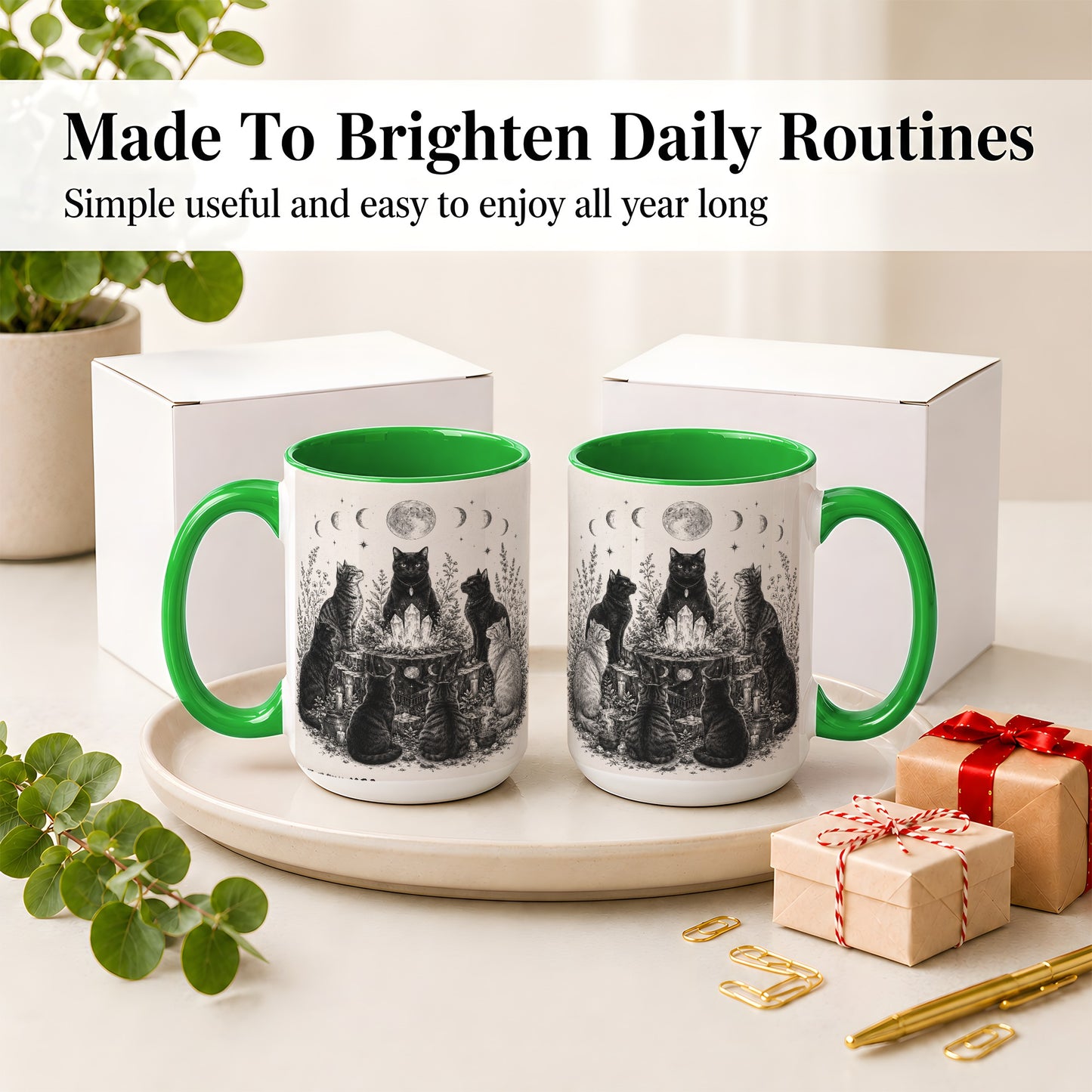 #pl[15oz|Green] Mystic Cat Moon Ceramic Coffee Cup, Mug with Crystal Artwork