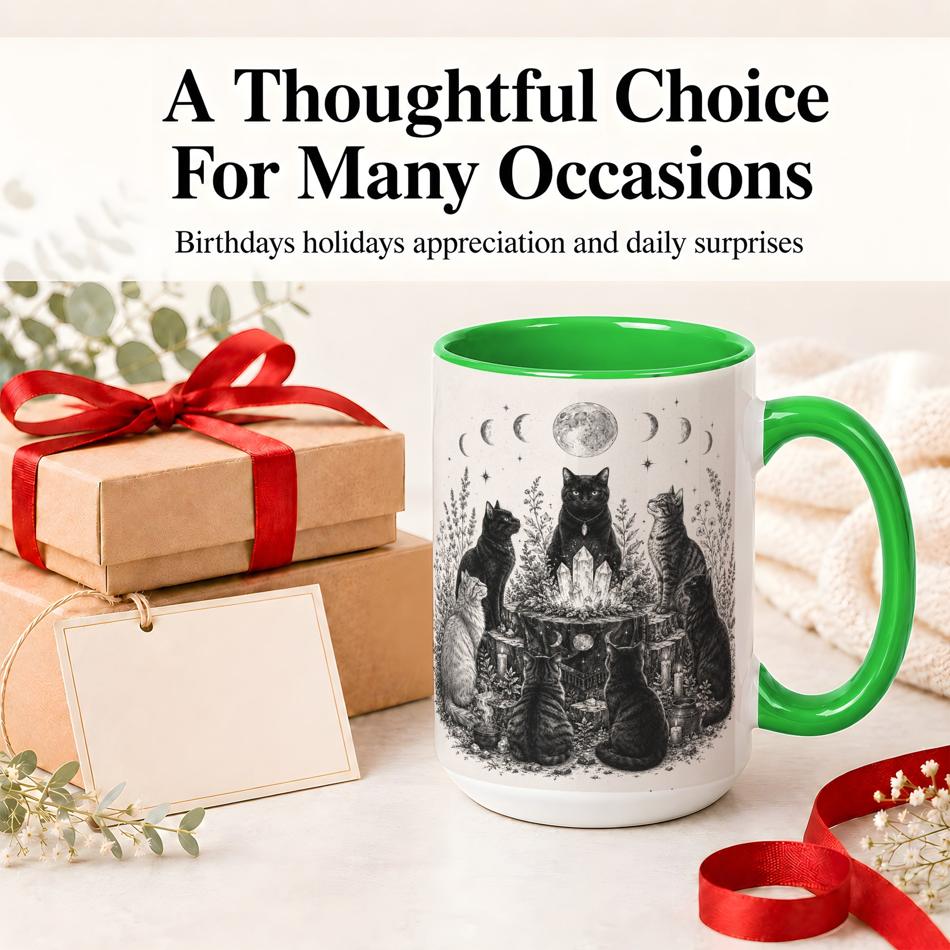 #pl[15oz|Green] Mystic Cat Moon Ceramic Coffee Cup, Mug with Crystal Artwork