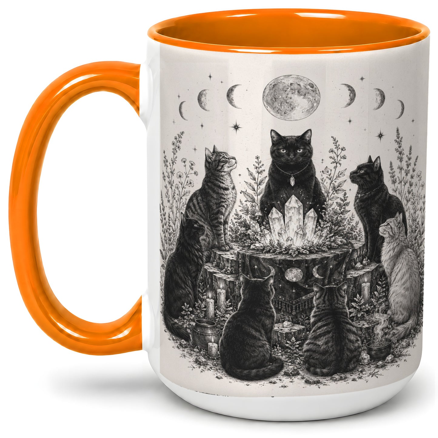 #pl[15oz|Orange] Mystic Cat Moon Ceramic Coffee Cup, Mug with Crystal Artwork