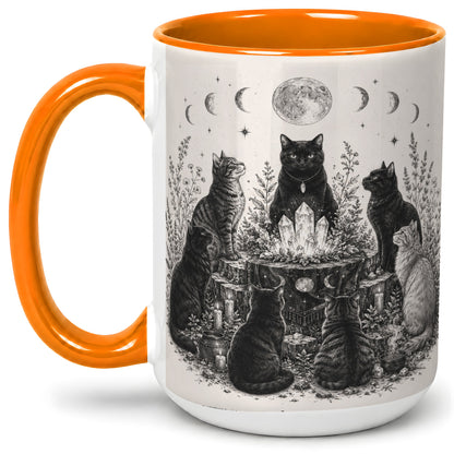 #pl[15oz|Orange] Mystic Cat Moon Ceramic Coffee Cup, Mug with Crystal Artwork