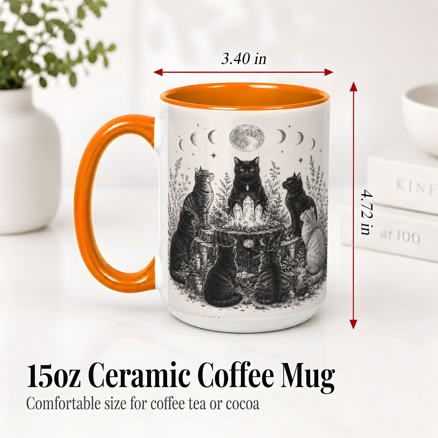 #pl[15oz|Orange] Mystic Cat Moon Ceramic Coffee Cup, Mug with Crystal Artwork