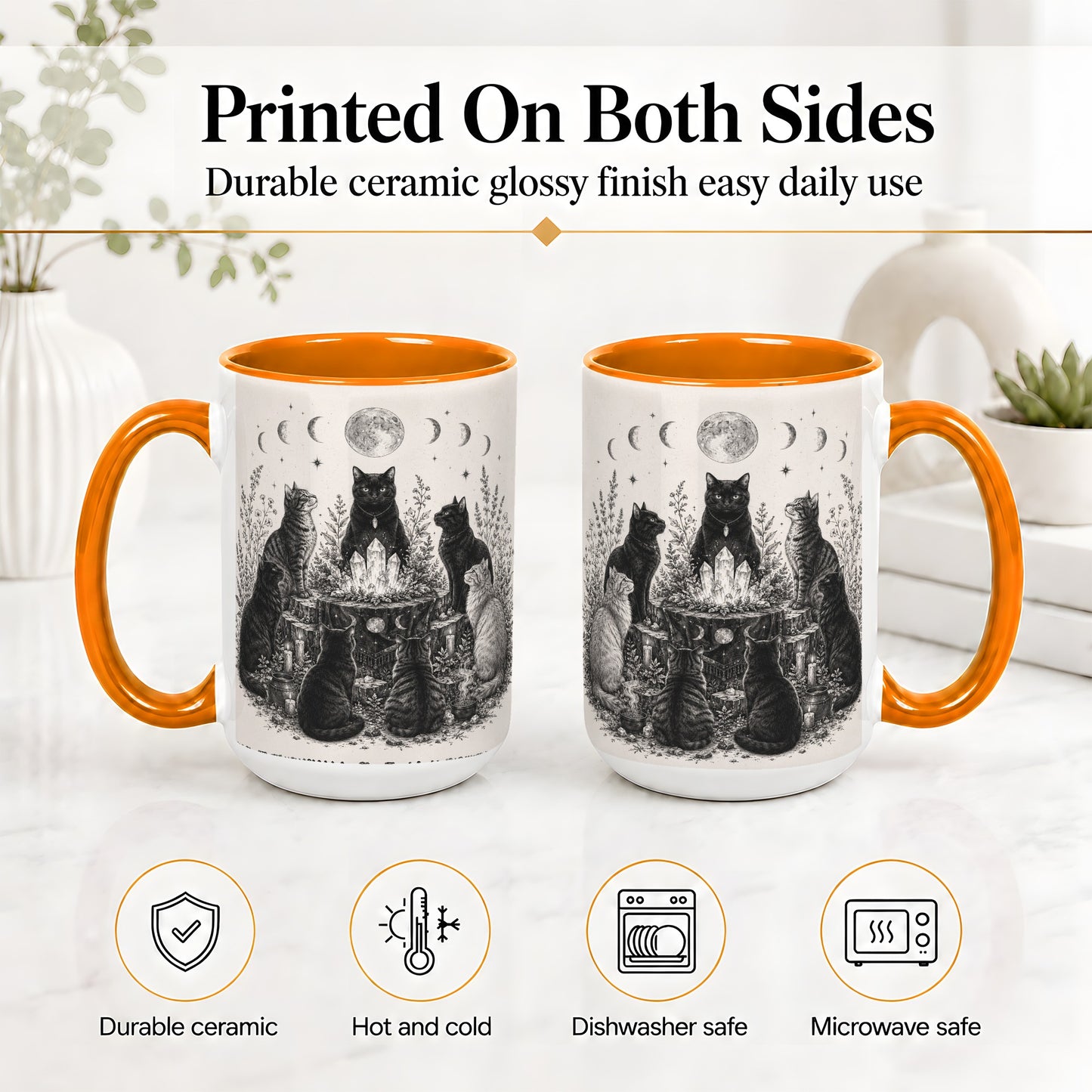 #pl[15oz|Orange] Mystic Cat Moon Ceramic Coffee Cup, Mug with Crystal Artwork