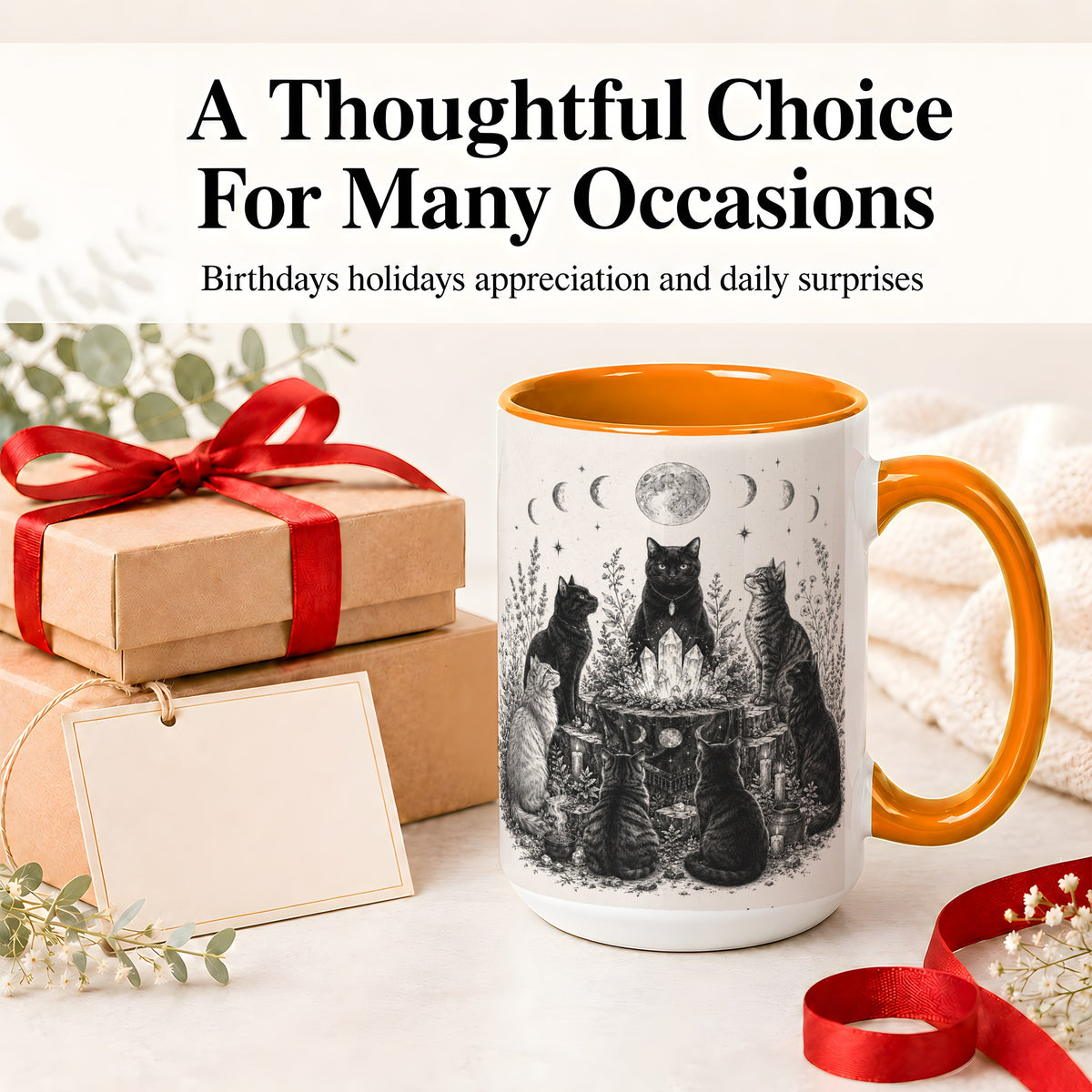 #pl[15oz|Orange] Mystic Cat Moon Ceramic Coffee Cup, Mug with Crystal Artwork