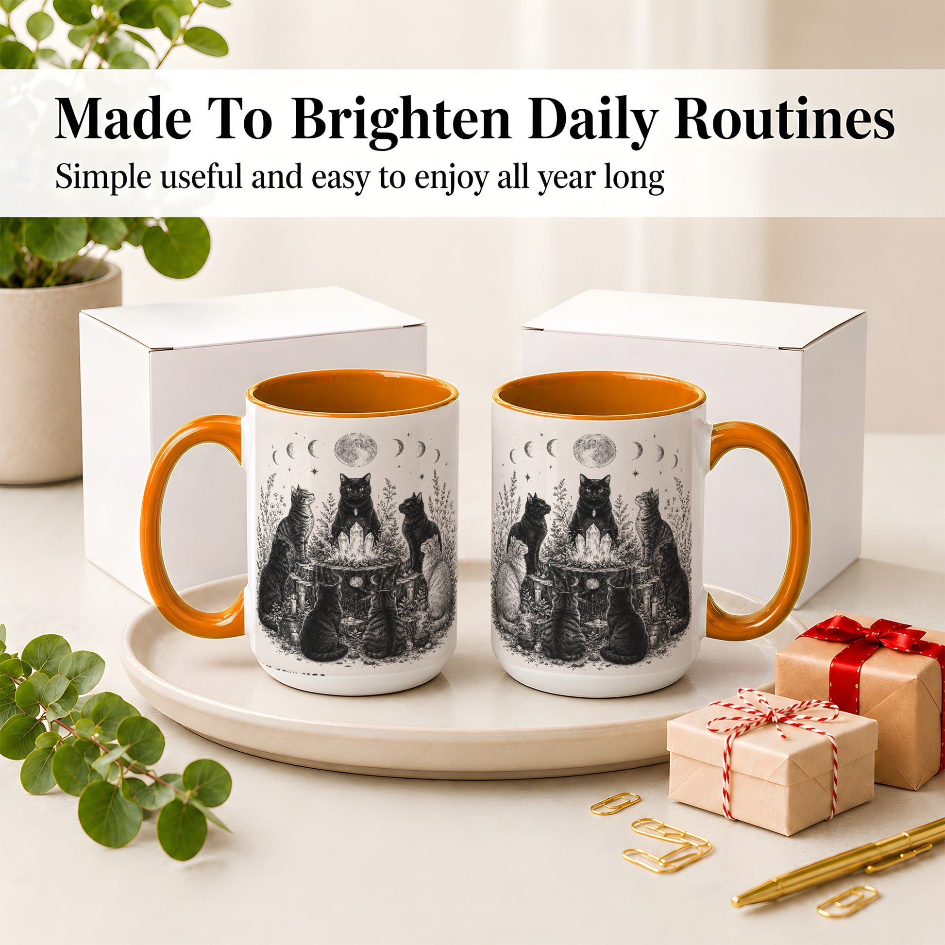 #pl[15oz|Orange] Mystic Cat Moon Ceramic Coffee Cup, Mug with Crystal Artwork