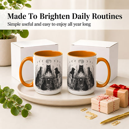 #pl[15oz|Orange] Mystic Cat Moon Ceramic Coffee Cup, Mug with Crystal Artwork