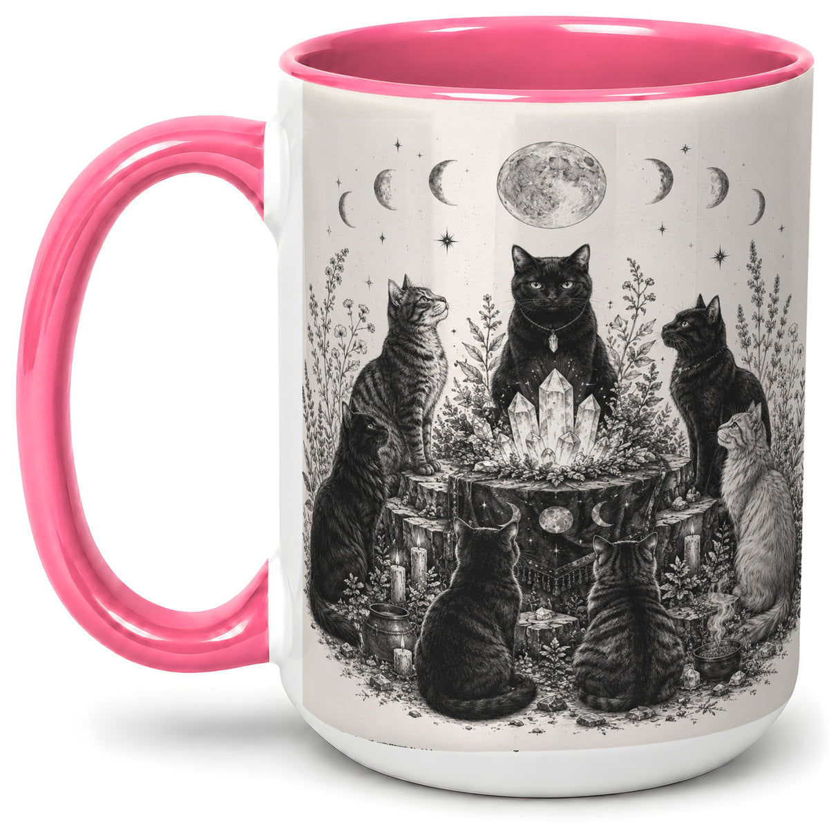 #pl[15oz|Pink] Mystic Cat Moon Ceramic Coffee Cup, Mug with Crystal Artwork