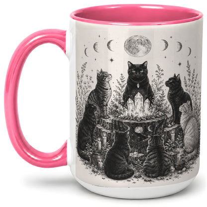#pl[15oz|Pink] Mystic Cat Moon Ceramic Coffee Cup, Mug with Crystal Artwork