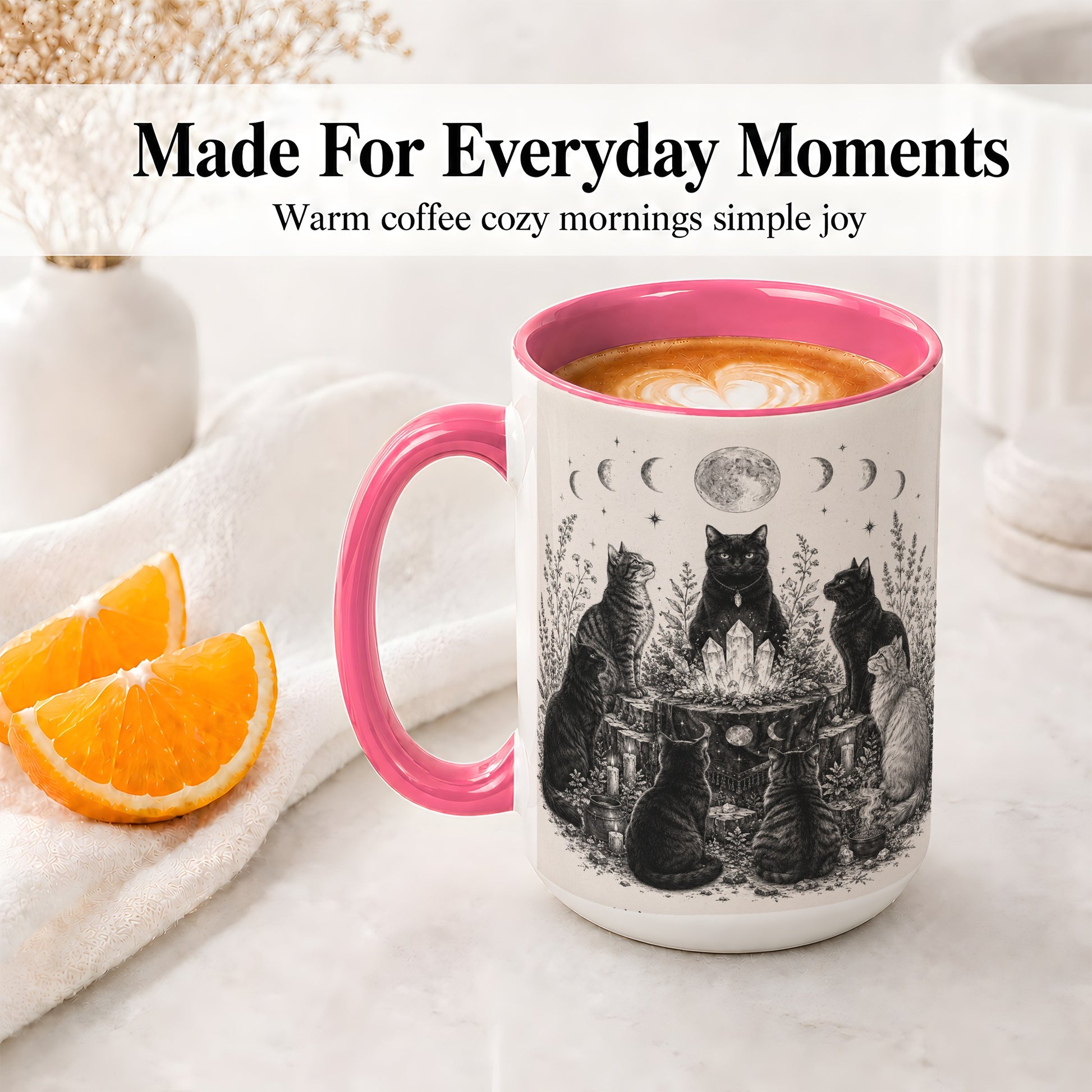 #pl[15oz|Pink] Mystic Cat Moon Ceramic Coffee Cup, Mug with Crystal Artwork