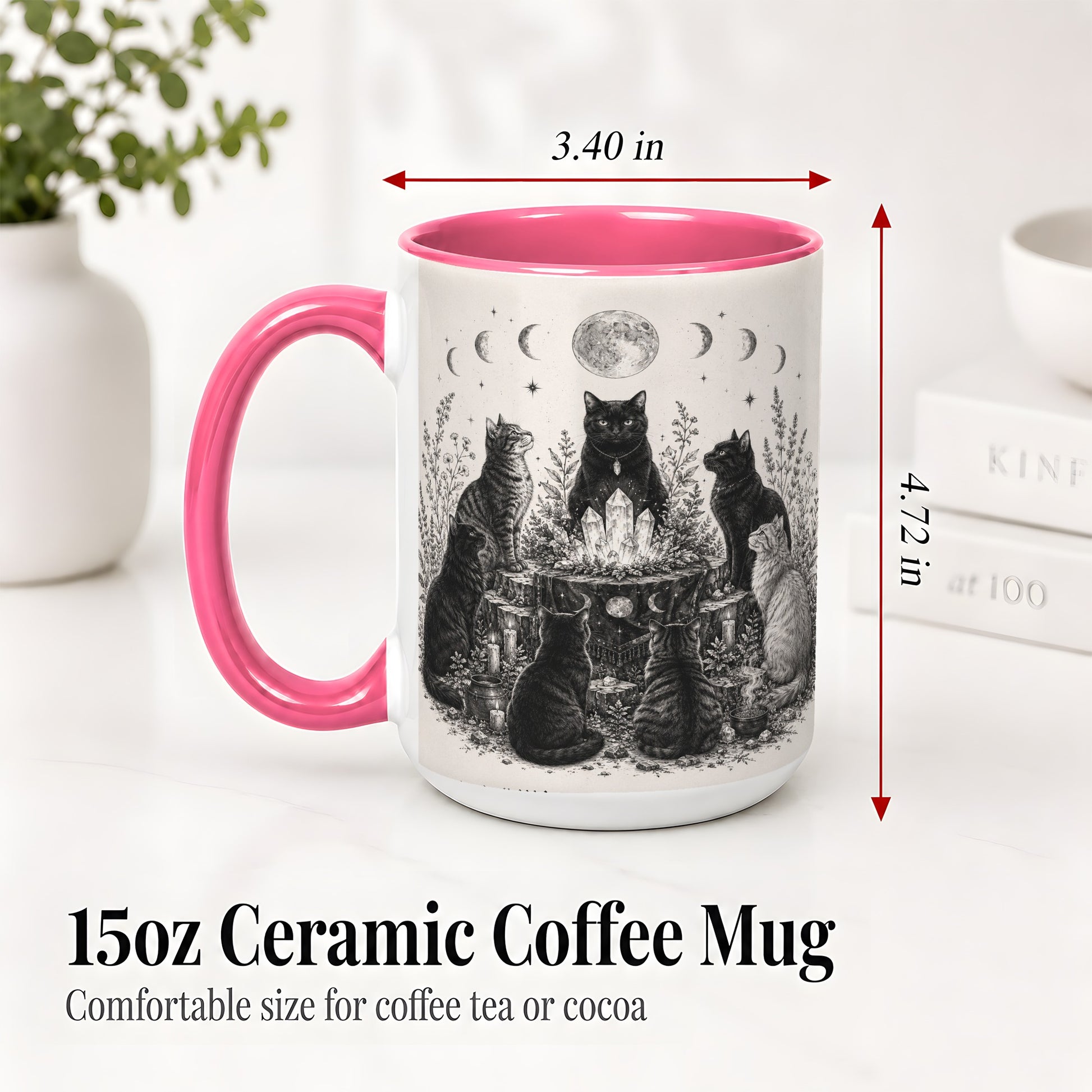 #pl[15oz|Pink] Mystic Cat Moon Ceramic Coffee Cup, Mug with Crystal Artwork