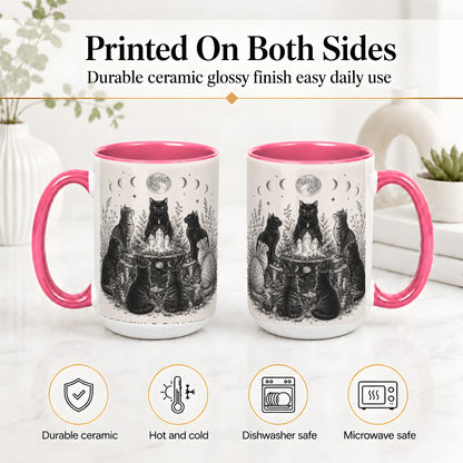 #pl[15oz|Pink] Mystic Cat Moon Ceramic Coffee Cup, Mug with Crystal Artwork