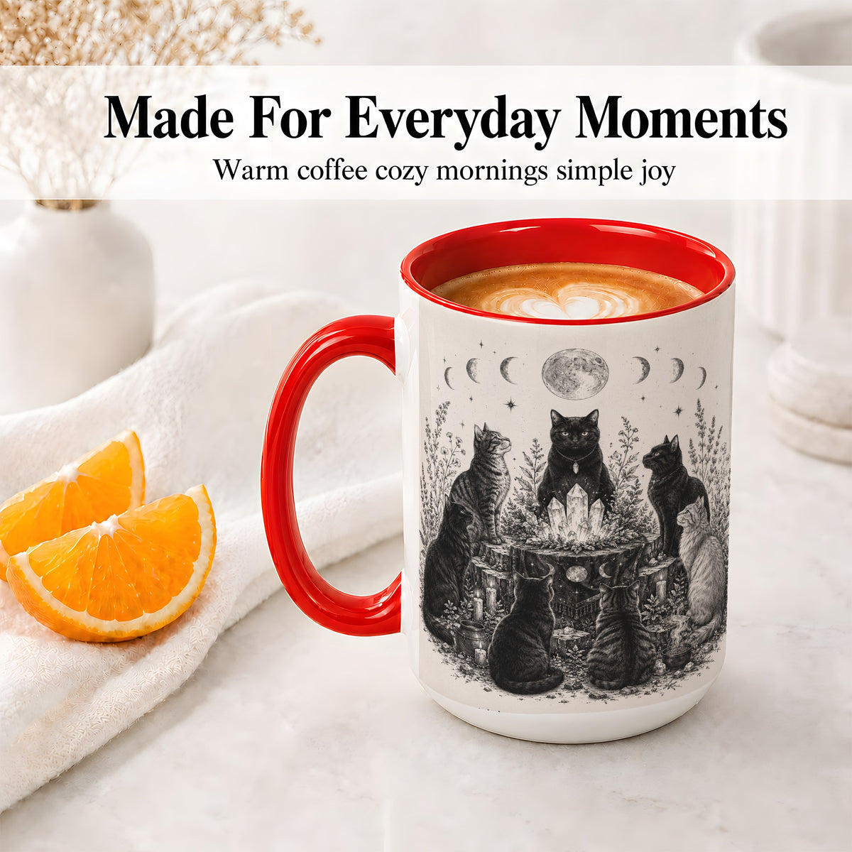 #pl[15oz|Red] Mystic Cat Moon Ceramic Coffee Cup, Mug with Crystal Artwork