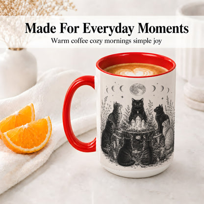 #pl[15oz|Red] Mystic Cat Moon Ceramic Coffee Cup, Mug with Crystal Artwork