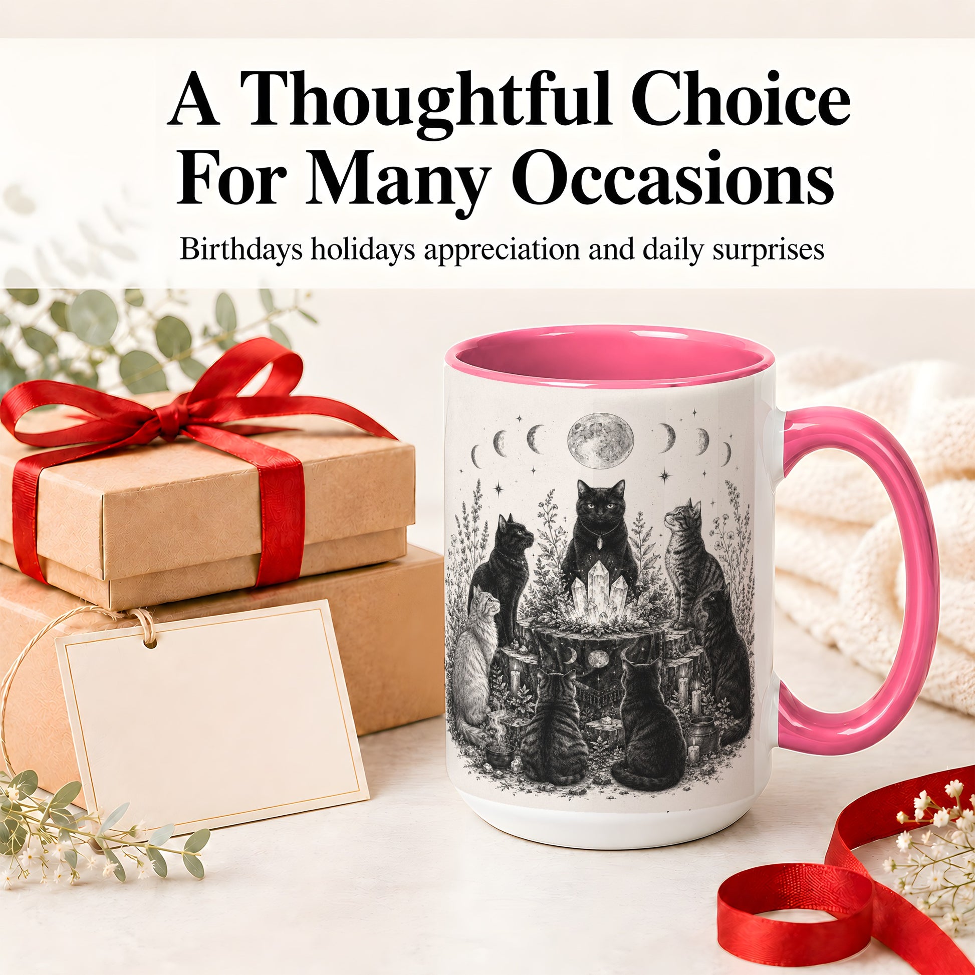 #pl[15oz|Pink] Mystic Cat Moon Ceramic Coffee Cup, Mug with Crystal Artwork