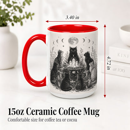 #pl[15oz|Red] Mystic Cat Moon Ceramic Coffee Cup, Mug with Crystal Artwork