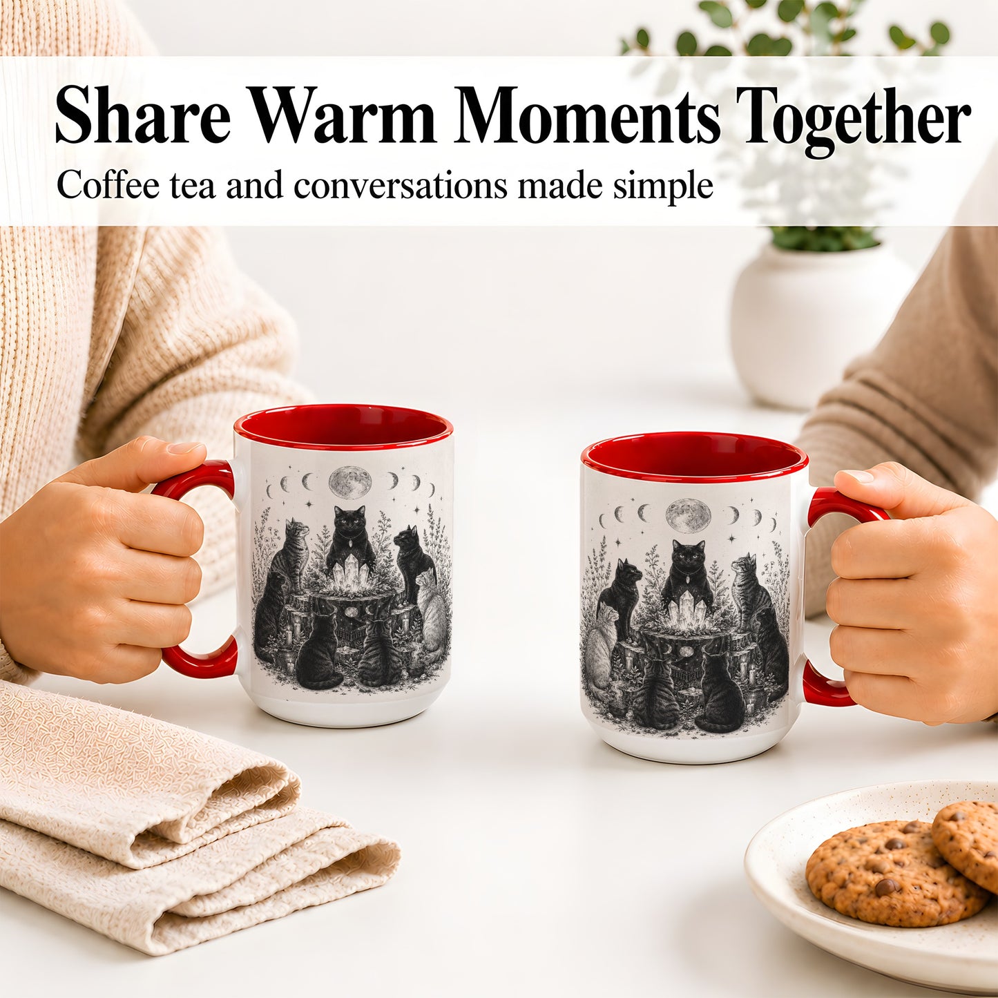 #pl[15oz|Red] Mystic Cat Moon Ceramic Coffee Cup, Mug with Crystal Artwork