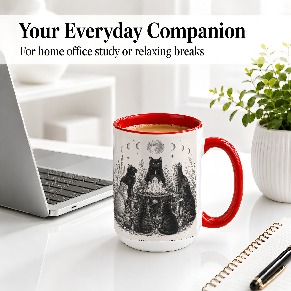 #pl[15oz|Red] Mystic Cat Moon Ceramic Coffee Cup, Mug with Crystal Artwork