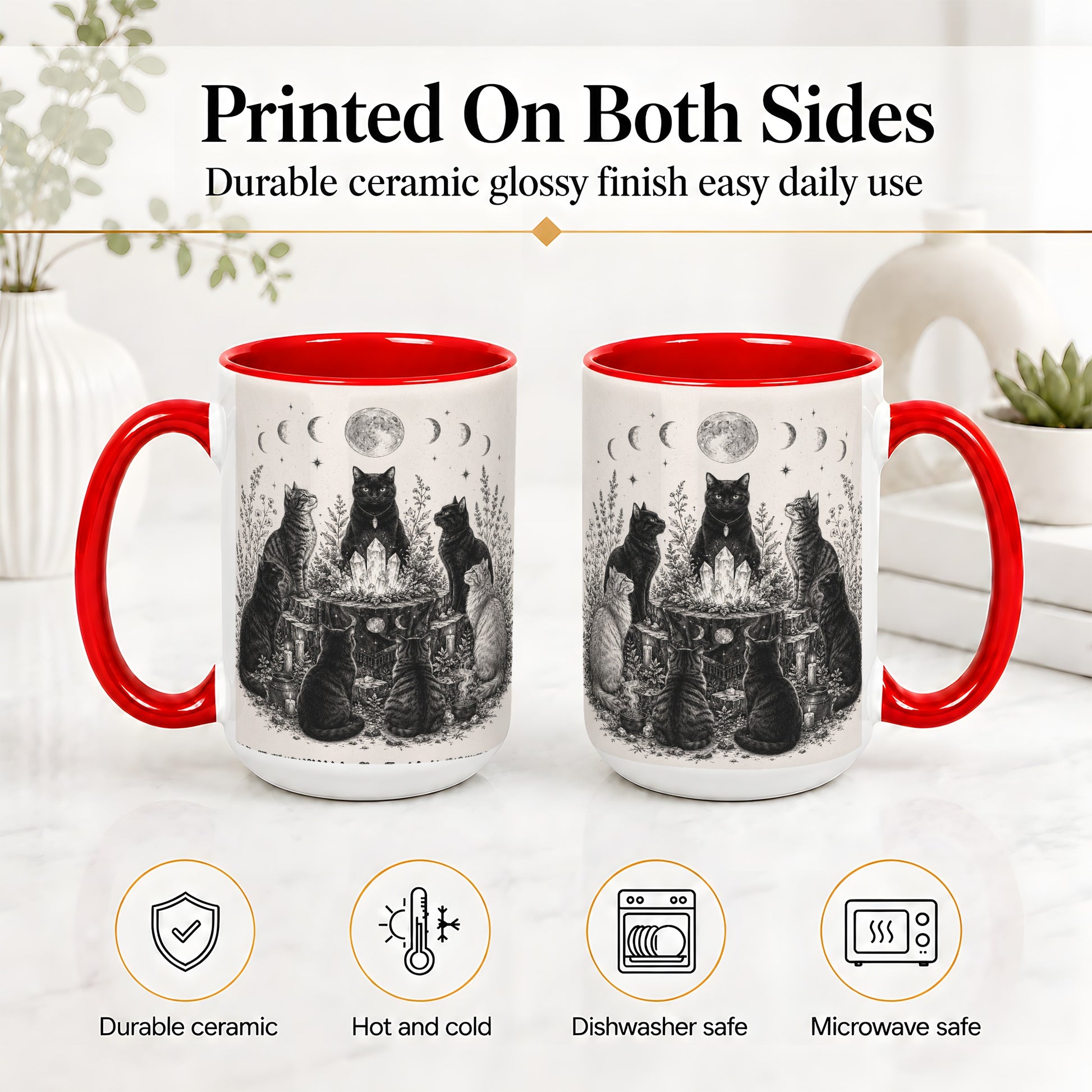 #pl[15oz|Red] Mystic Cat Moon Ceramic Coffee Cup, Mug with Crystal Artwork