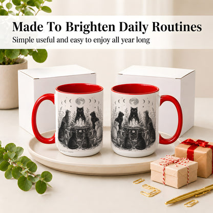 #pl[15oz|Red] Mystic Cat Moon Ceramic Coffee Cup, Mug with Crystal Artwork