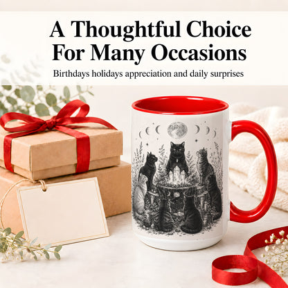 #pl[15oz|Red] Mystic Cat Moon Ceramic Coffee Cup, Mug with Crystal Artwork