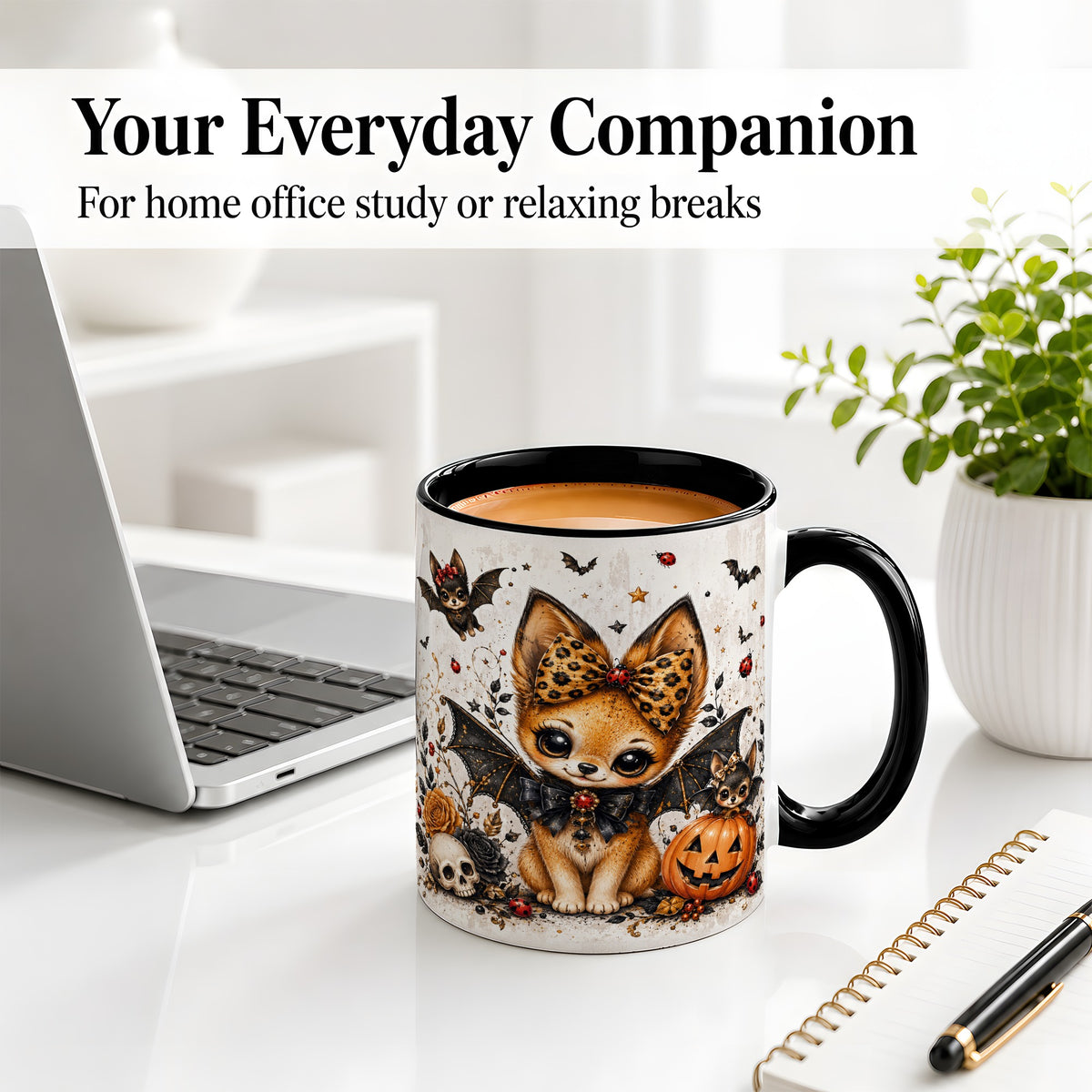 #pl[11oz|Black] Cute Halloween Fox Ceramic Coffee Cup, Mug with Bat Wing Artwork