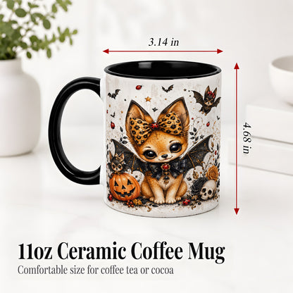 #pl[11oz|Black] Cute Halloween Fox Ceramic Coffee Cup, Mug with Bat Wing Artwork