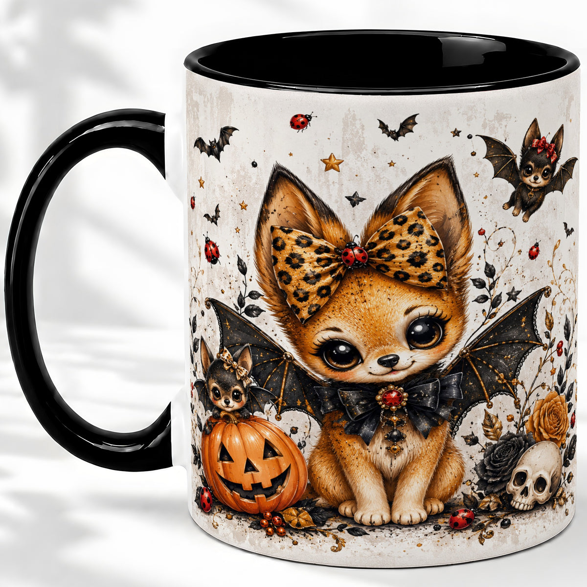 #pl[11oz|Black] Cute Halloween Fox Ceramic Coffee Cup, Mug with Bat Wing Artwork