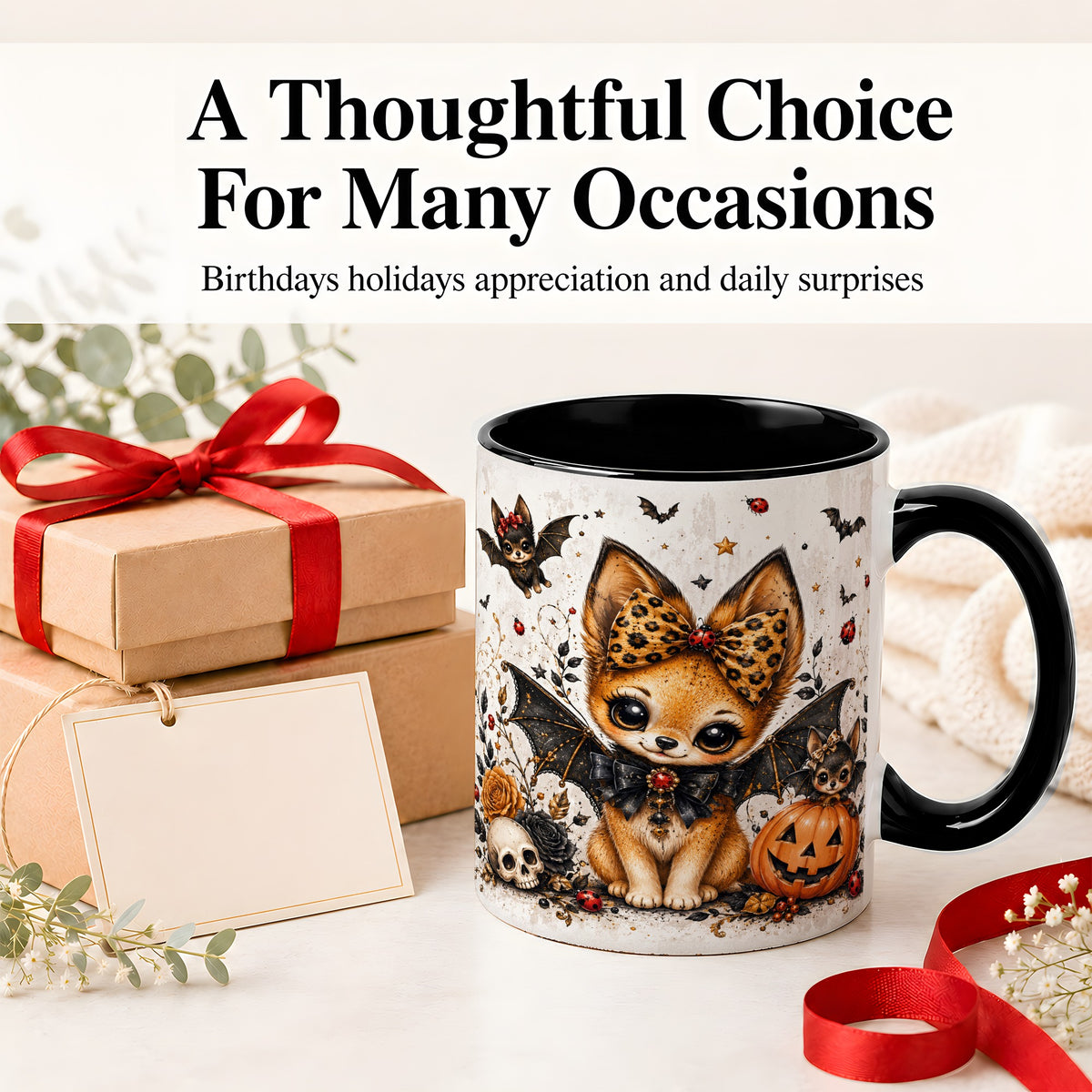 #pl[11oz|Black] Cute Halloween Fox Ceramic Coffee Cup, Mug with Bat Wing Artwork