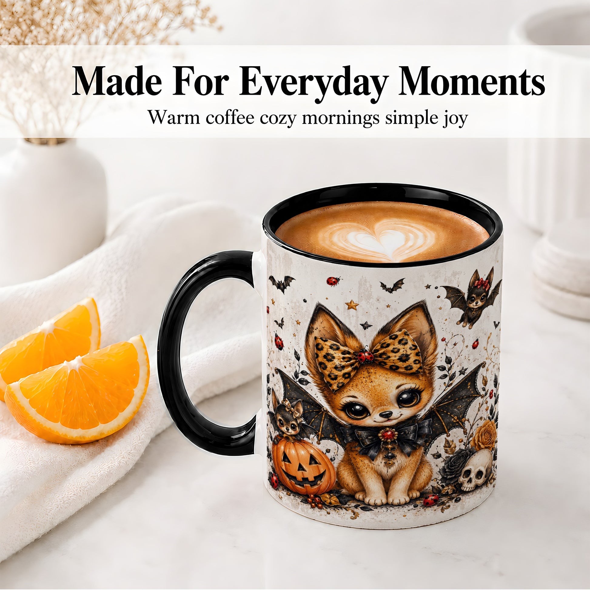 #pl[11oz|Black] Cute Halloween Fox Ceramic Coffee Cup, Mug with Bat Wing Artwork