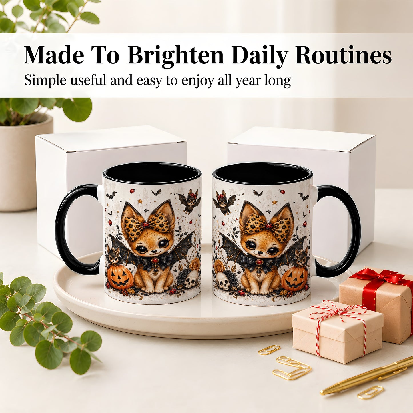 #pl[11oz|Black] Cute Halloween Fox Ceramic Coffee Cup, Mug with Bat Wing Artwork